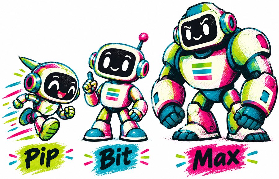 The book's three robots, each over its name: Pip, small and running; Bit, holding up one finger; and Max, big and strong