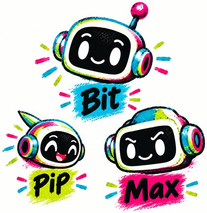 The heads of the book's three robots, each over its name: Bit on top, with Pip and Max below